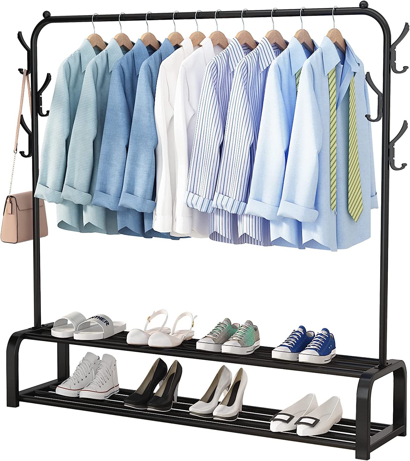 Avalo Industrieel Kledingrek - Metaal - 110x33x150 CM - Zwart - Opbergruimte Voor Schoenen - Garderoberek Met Haken