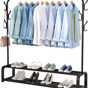 Avalo Industrieel Kledingrek - Metaal - 110x33x150 CM - Zwart - Opbergruimte Voor Schoenen - Garderoberek Met Haken