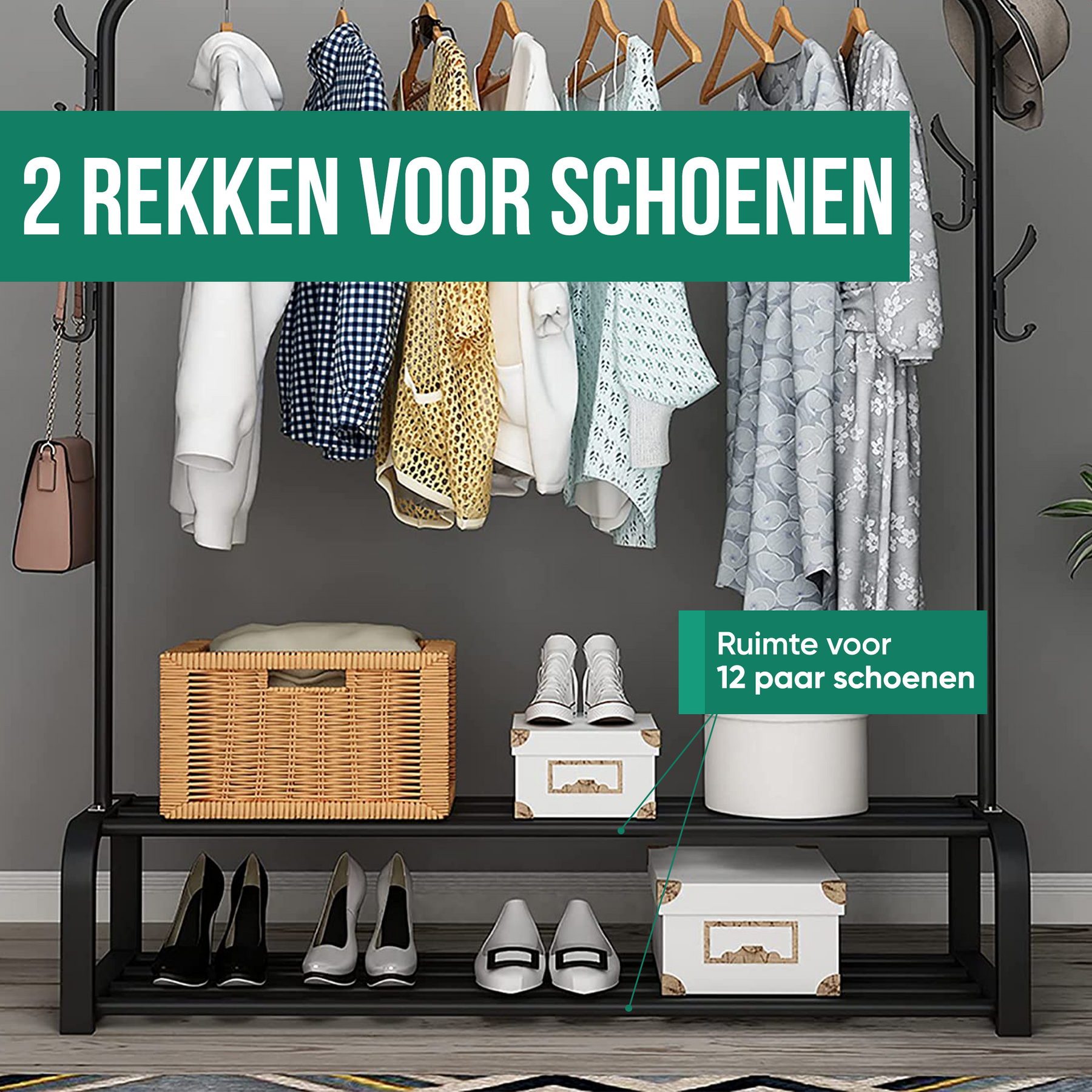 Avalo Industrieel Kledingrek - Metaal - 110x33x150 CM - Zwart - Opbergruimte Voor Schoenen - Garderoberek Met Haken