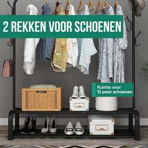Avalo Industrieel Kledingrek - Metaal - 110x33x150 CM - Zwart - Opbergruimte Voor Schoenen - Garderoberek Met Haken