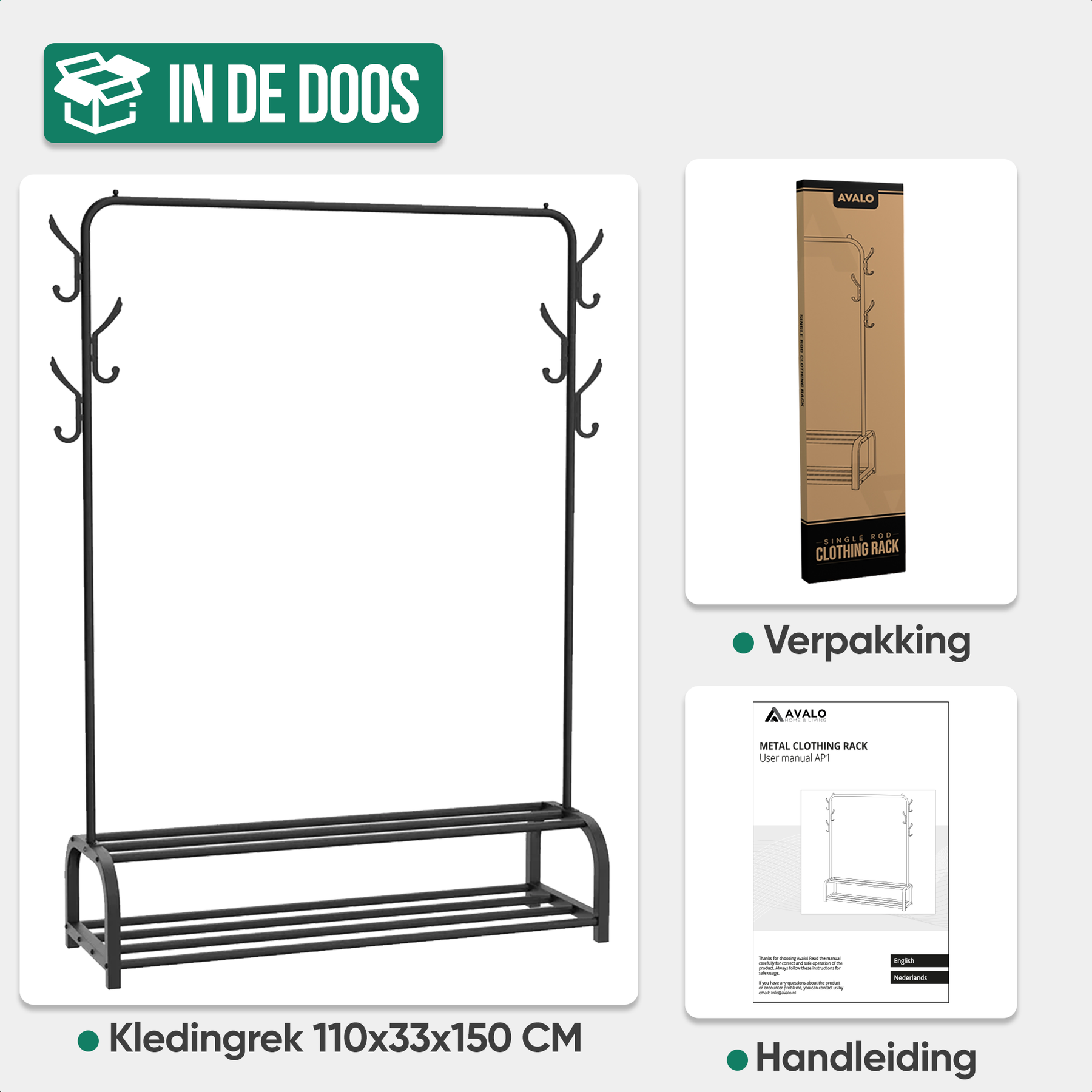 Avalo Industrieel Kledingrek - Metaal - 110x33x150 CM - Zwart - Opbergruimte Voor Schoenen - Garderoberek Met Haken