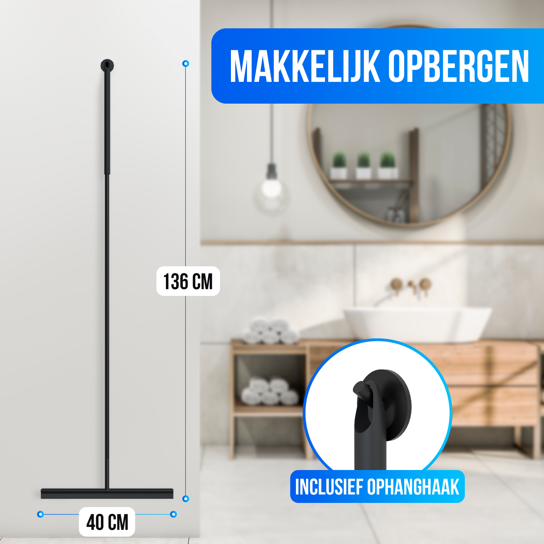Avalo Vloertrekker met Steel - Luxe Vloerwisser - Aluminium Trekker Douche - Douche Wisser - Badkamer - Zwart - 136x40 CM