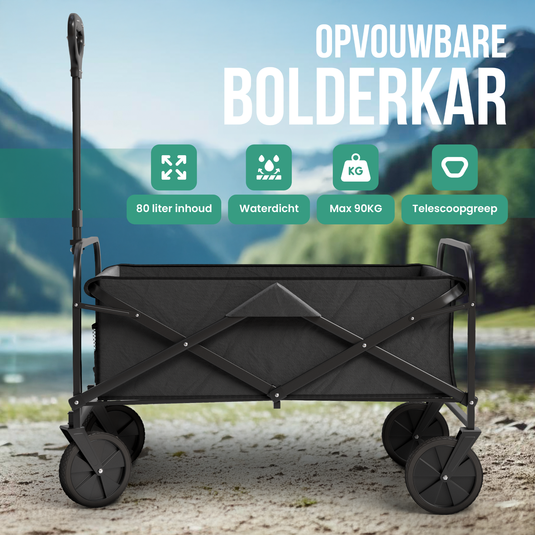 Avalo Bolderkar - Opvouwbaar - Tot 90KG - 80x47x49 CM - 80L - 360º Wielen - Zwart