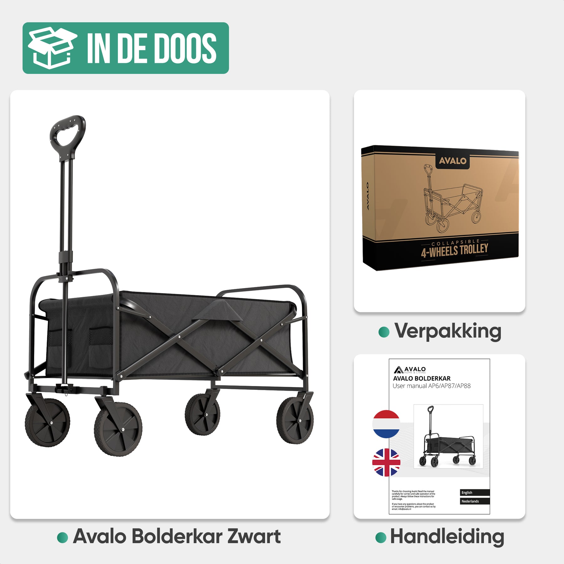 Avalo Bolderkar - Opvouwbaar - Tot 90KG - 80x47x49 CM - 80L - 360º Wielen - Zwart
