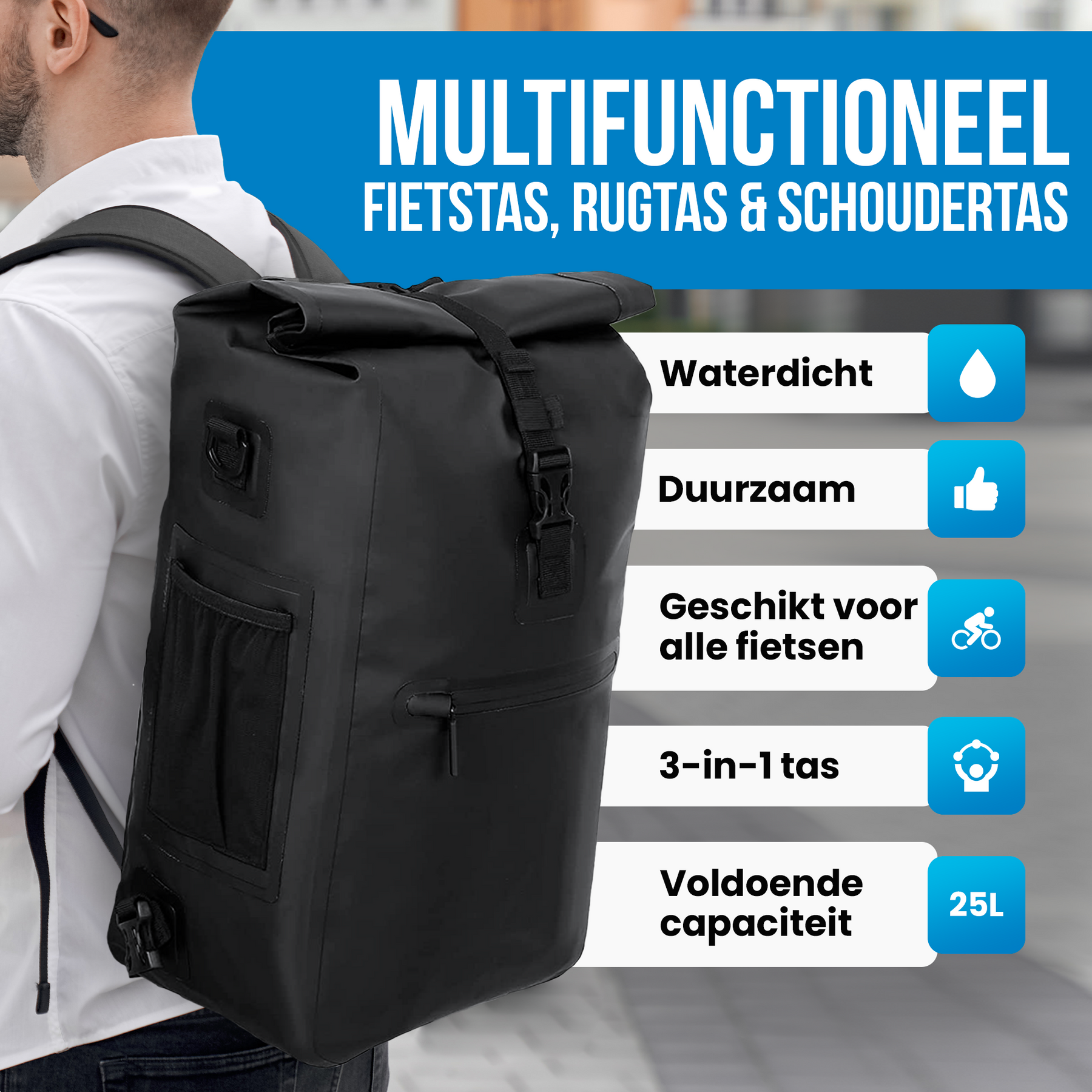 Avalo Fietstas - Rugzak/Schoudertas/Fietstas - 25L - Waterdicht - Zwart - Enkele Fietstas Voor Alle Fietsen - Fietstassen Voor Electrische Fietsen