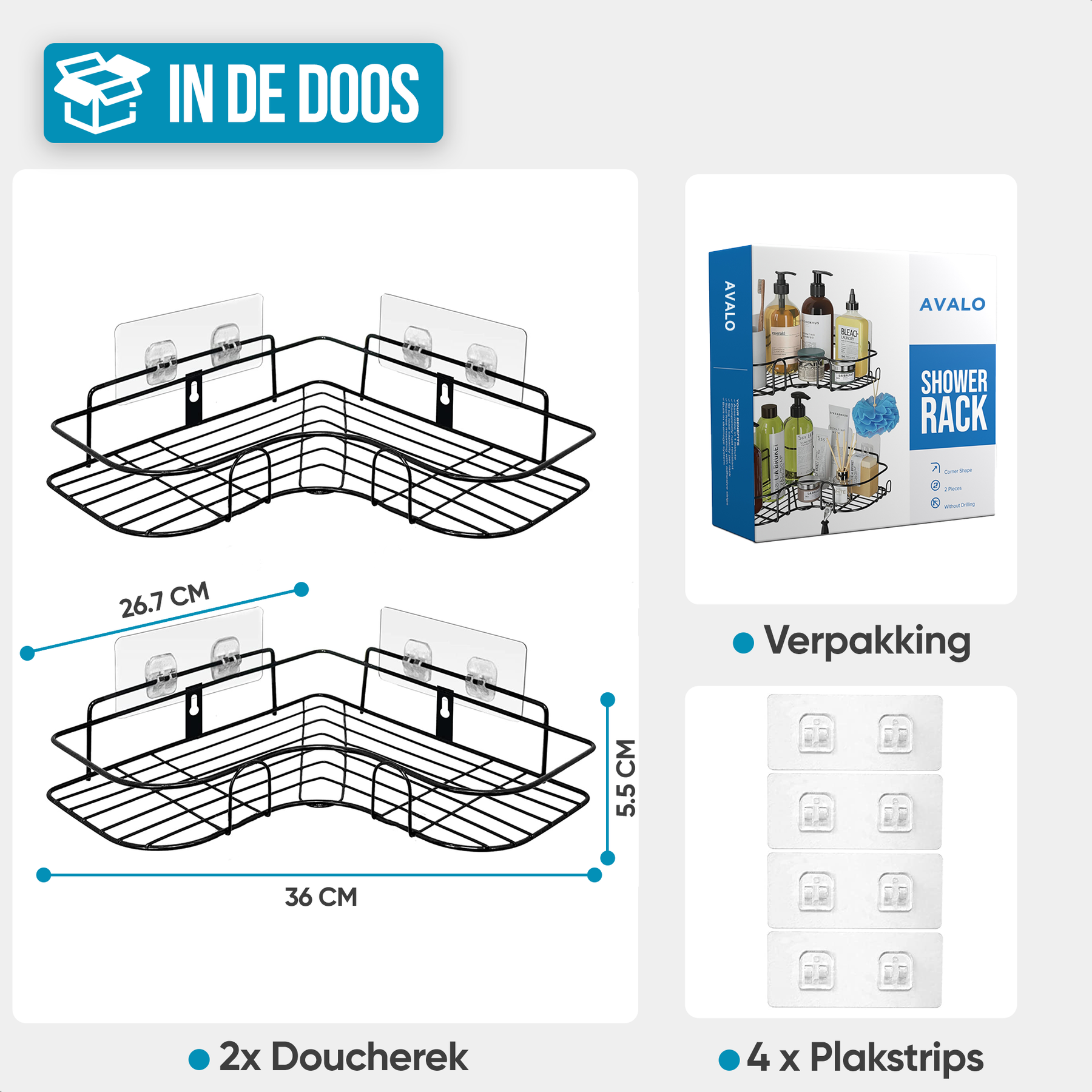 Avalo Doucherek Hoekvorm - 2 Stuks - Bevestigen zonder Boren of Schroeven - Bevestigen Middels Plakstrip