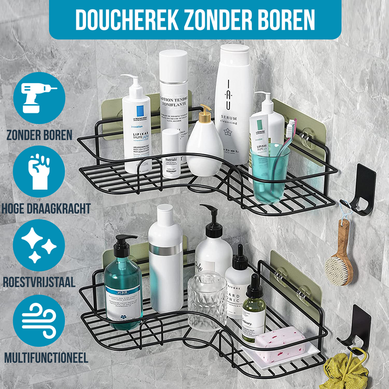Avalo Doucherek Hoekvorm - 2 Stuks - Bevestigen zonder Boren of Schroeven - Bevestigen Middels Plakstrip