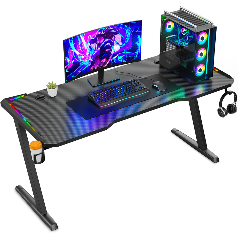 Avalo Gaming Bureau - 140x60x73 CM - Game Desk Met LED Verlichting - Tafel - Zwart