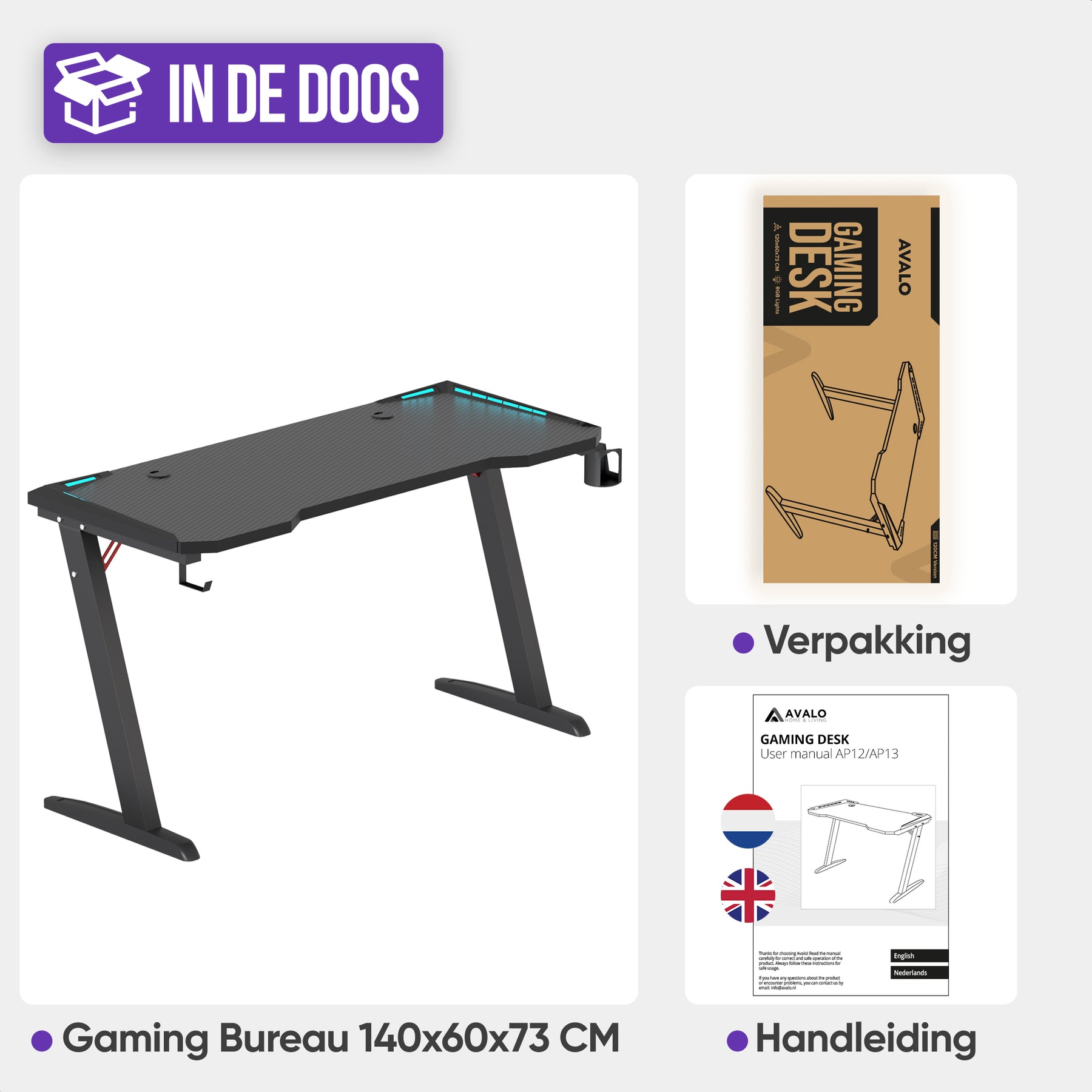 Avalo Gaming Bureau - 140x60x73 CM - Game Desk Met LED Verlichting - Tafel - Zwart