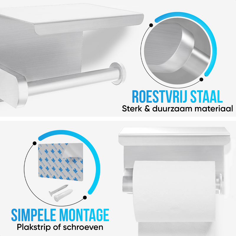 Avalo WC Rolhouder met Plankje - Zilver - Zelfklevend / Boren / Zonder Boren - Toiletrolhouder - WC Papier Houder