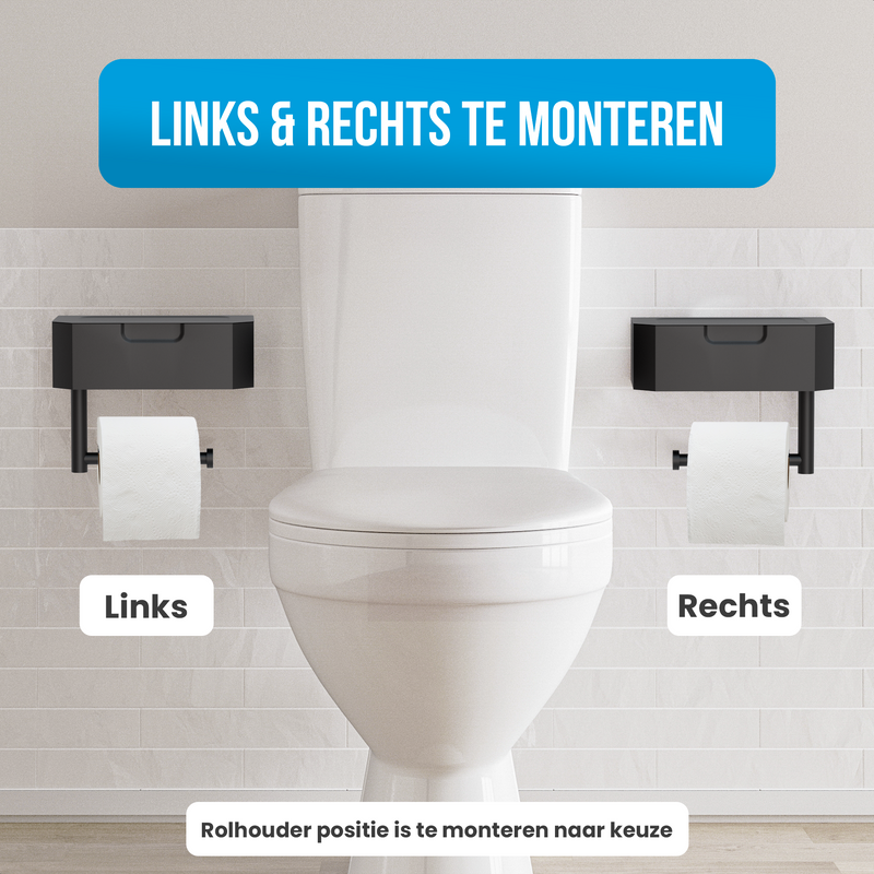 Avalo WC Rolhouder met Bakje & Plankje - Zwart - Zelfklevend / Boren / Zonder Boren - Toiletrolhouder - WC Papier Houder