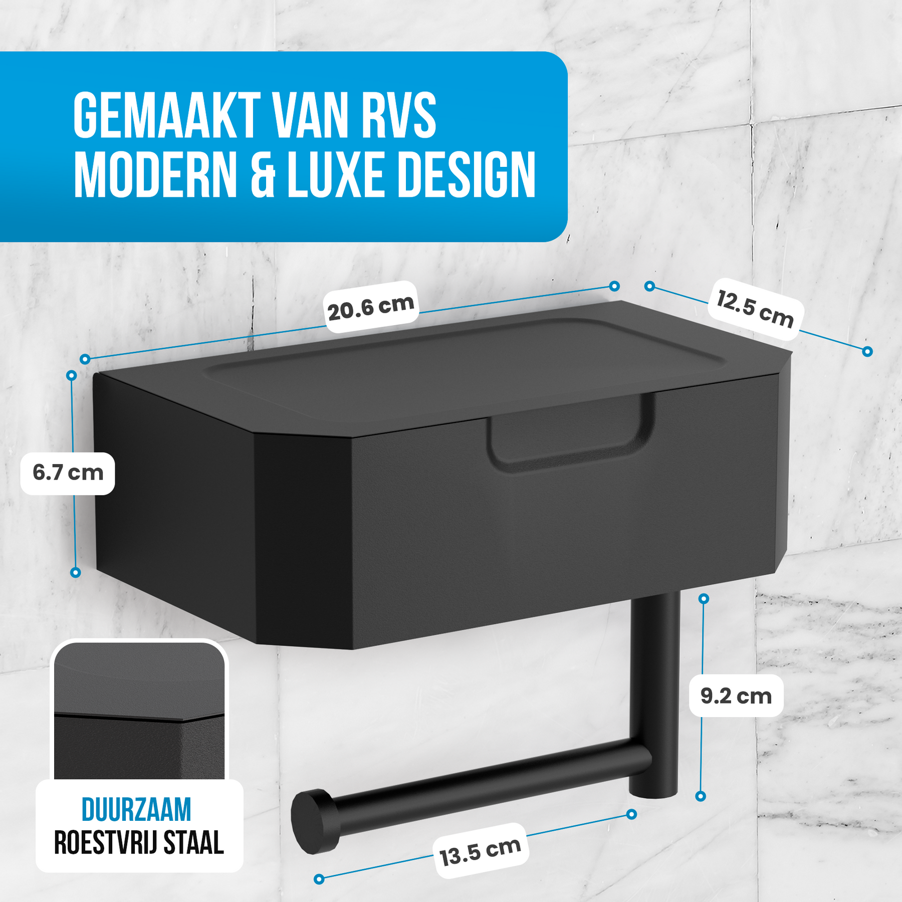 Avalo WC Rolhouder met Bakje & Plankje - Zwart - Zelfklevend / Boren / Zonder Boren - Toiletrolhouder - WC Papier Houder