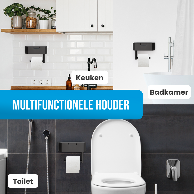 Avalo WC Rolhouder met Bakje & Plankje - Zwart - Zelfklevend / Boren / Zonder Boren - Toiletrolhouder - WC Papier Houder