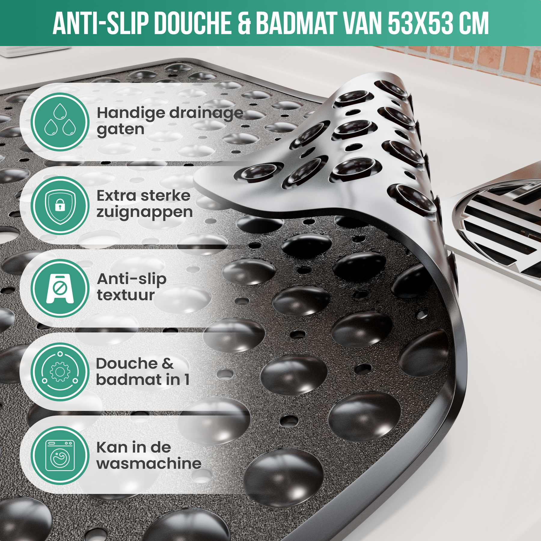 Avalo Badmat / Antislipmat Douche - 53x53CM - Zwart - Met Zuignappen - Douchemat Antislip voor Douche - Badkamermat
