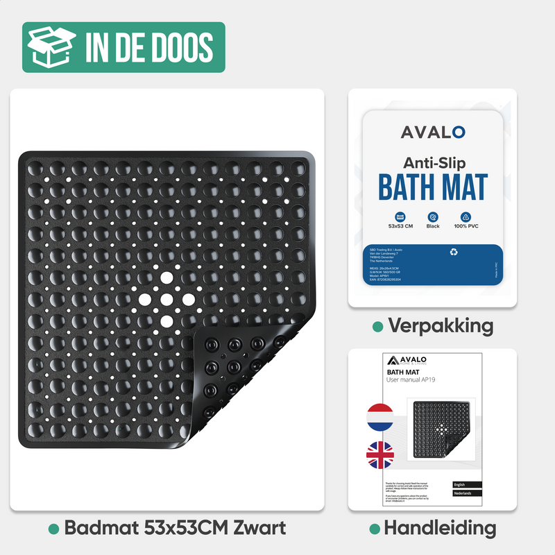 Avalo Badmat / Antislipmat Douche - 53x53CM - Zwart - Met Zuignappen - Douchemat Antislip voor Douche - Badkamermat