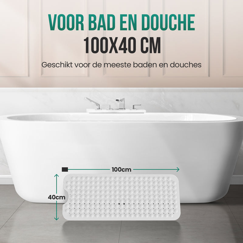 Avalo Badmat / Antislipmat Douche - 100x40CM - Wit - Met Zuignappen - Douchemat Antislip voor Douche - Badkamermat