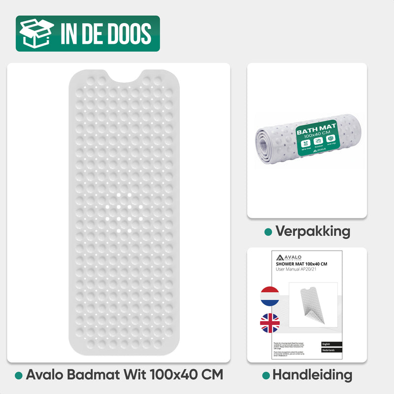 Avalo Badmat / Antislipmat Douche - 100x40CM - Wit - Met Zuignappen - Douchemat Antislip voor Douche - Badkamermat