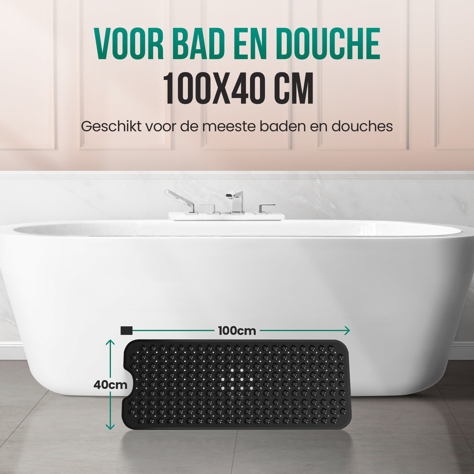 Avalo Badmat / Antislipmat Douche - 100x40CM - Zwart - Met Zuignappen - Douchemat Antislip voor Douche - Badkamermat