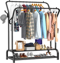 Avalo Industrieel Kledingrek Dubbele Stang - Metaal - 110x33x150 CM - Zwart - Opbergruimte Voor Schoenen - Garderoberek Met Haken