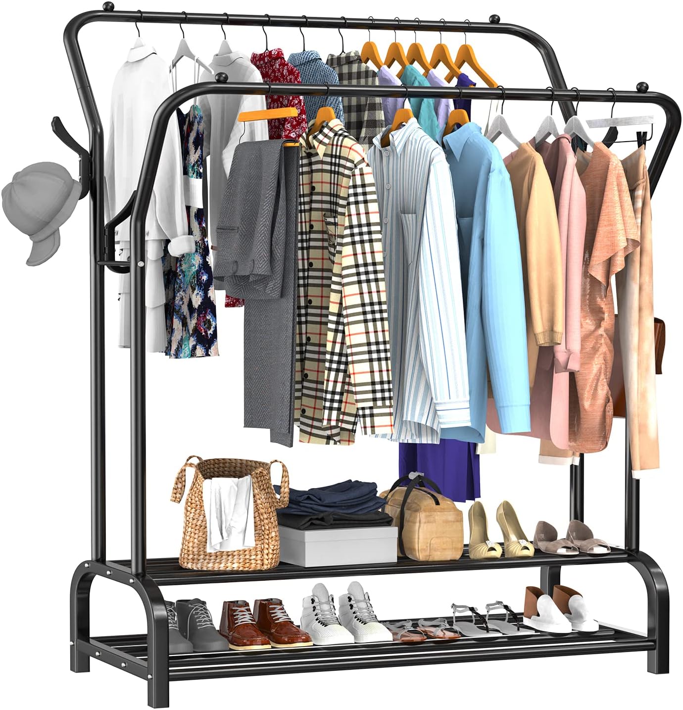 Avalo Industrieel Kledingrek Dubbele Stang - Metaal - 110x33x150 CM - Zwart - Opbergruimte Voor Schoenen - Garderoberek Met Haken