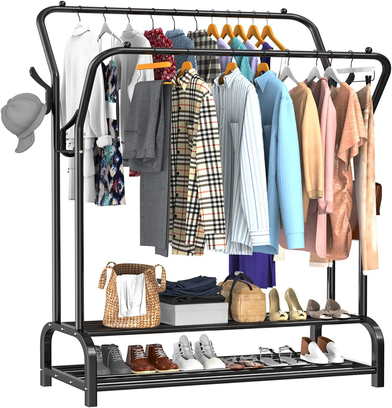 Avalo Industrieel Kledingrek Dubbele Stang - Metaal - 110x33x150 CM - Zwart - Opbergruimte Voor Schoenen - Garderoberek Met Haken