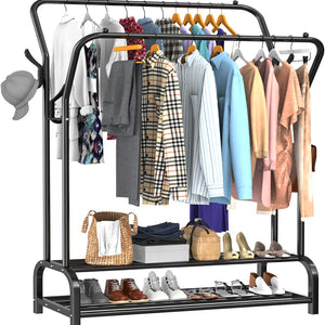 Avalo Industrieel Kledingrek Dubbele Stang - Metaal - 110x33x150 CM - Zwart - Opbergruimte Voor Schoenen - Garderoberek Met Haken