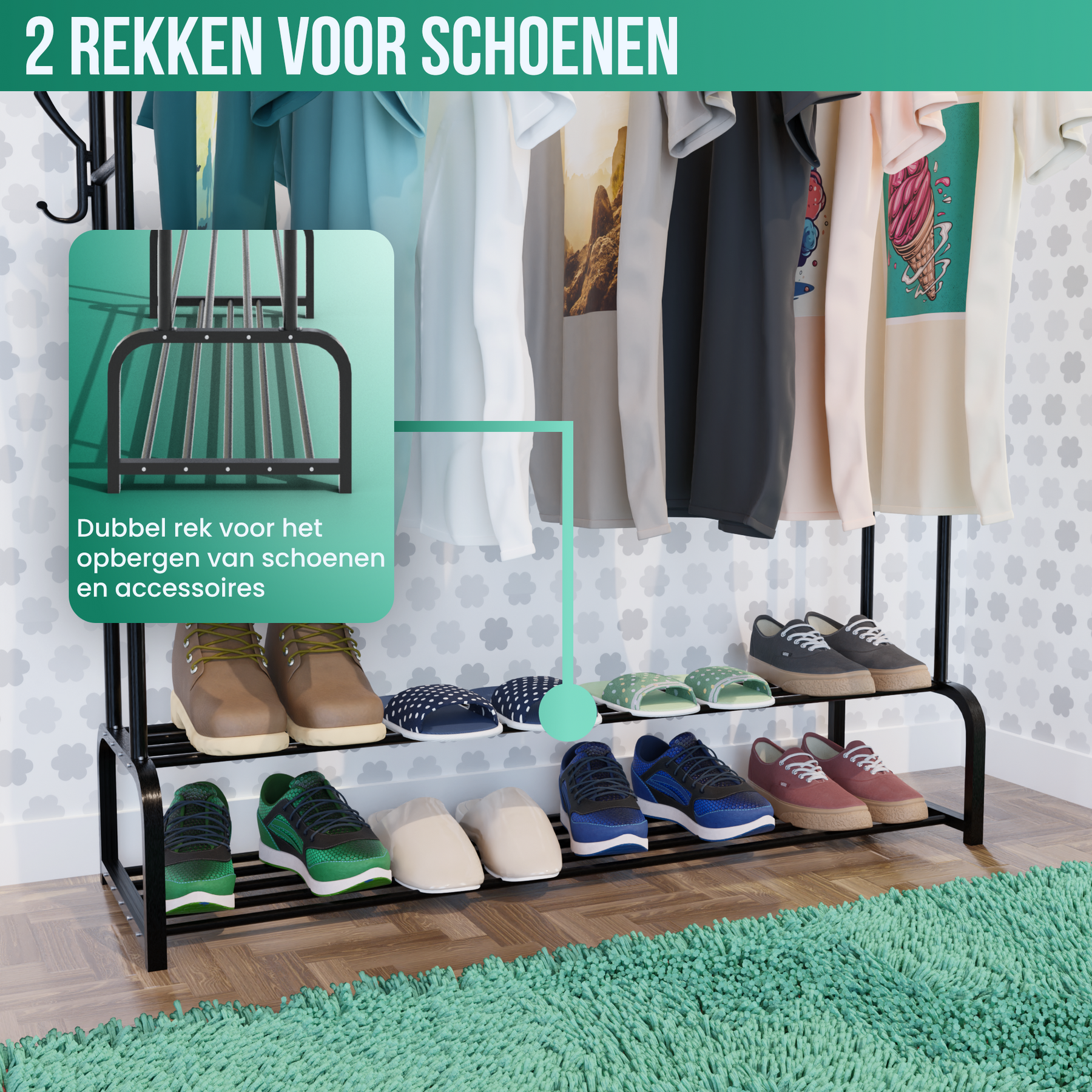 Avalo Industrieel Kledingrek Dubbele Stang - Metaal - 110x33x150 CM - Zwart - Opbergruimte Voor Schoenen - Garderoberek Met Haken