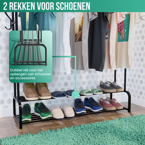 Avalo Industrieel Kledingrek Dubbele Stang - Metaal - 110x33x150 CM - Zwart - Opbergruimte Voor Schoenen - Garderoberek Met Haken