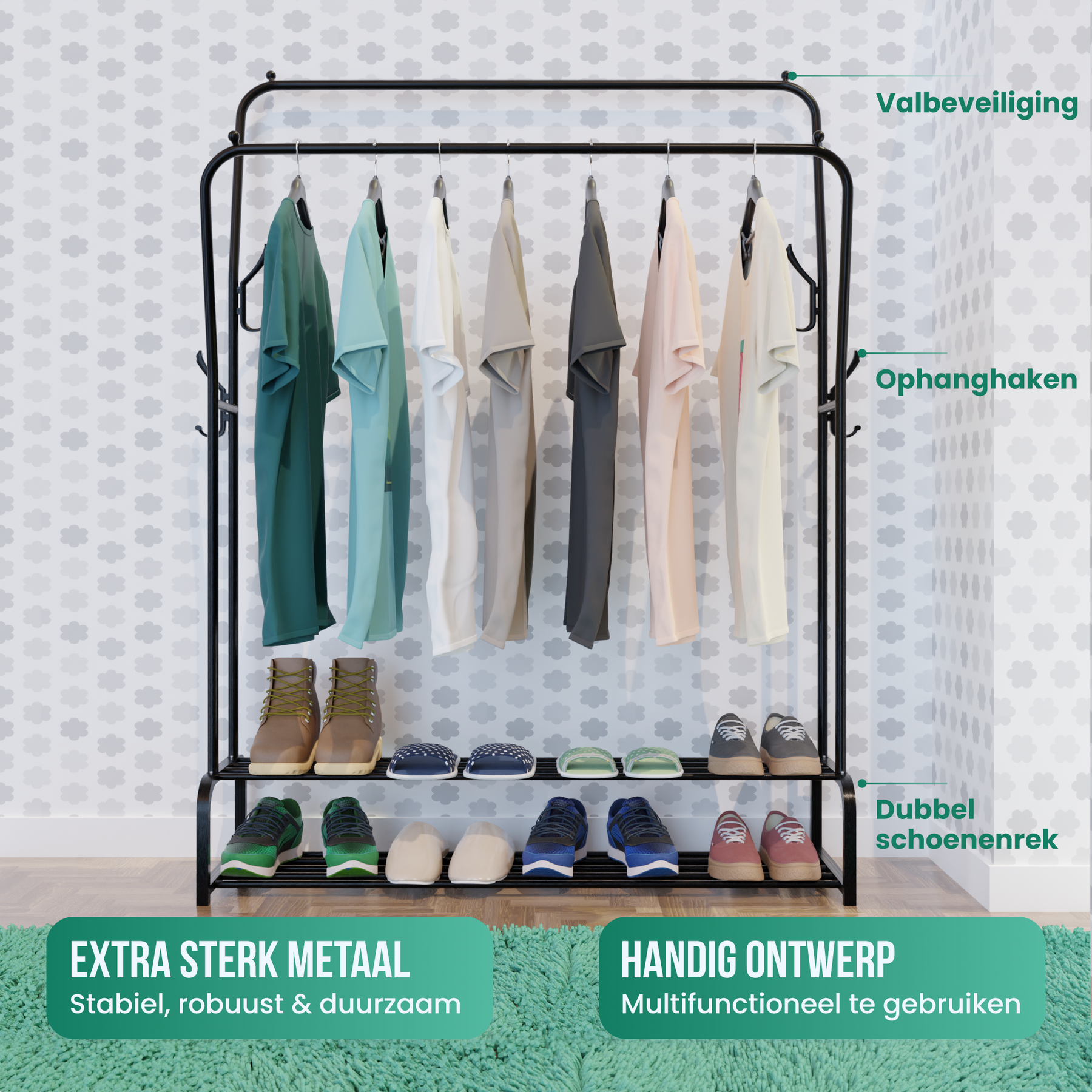 Avalo Industrieel Kledingrek Dubbele Stang - Metaal - 110x33x150 CM - Zwart - Opbergruimte Voor Schoenen - Garderoberek Met Haken