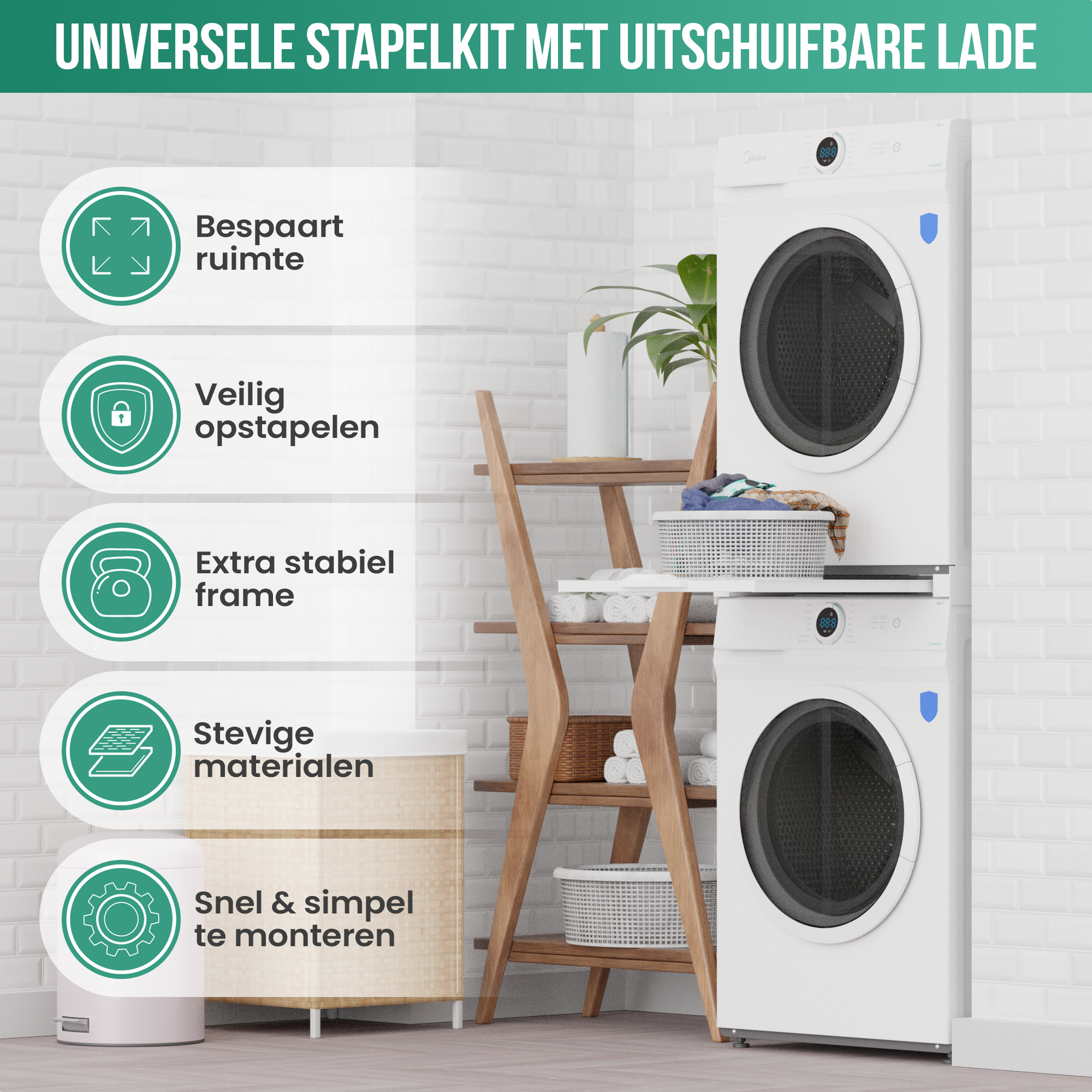 Avalo Tussenstuk Wasmachine Droger – Stapelkit Wasmachine Droger - Tussenkader - Uitschuifbare Lade