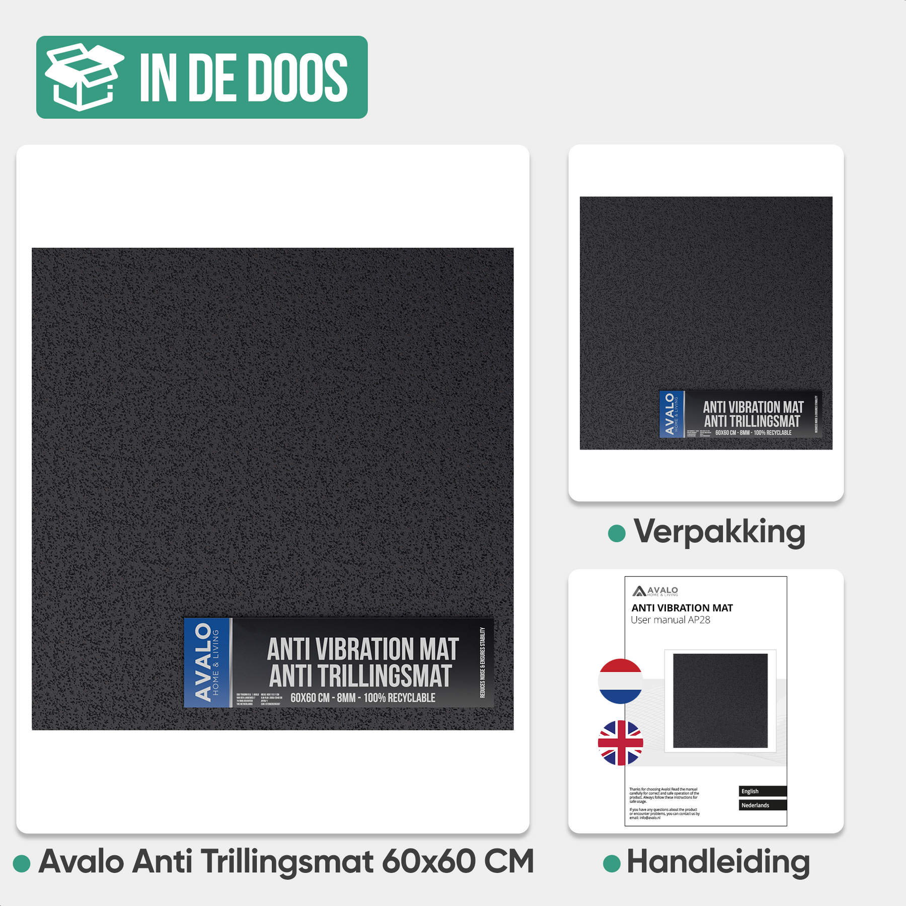 Avalo Anti Trillingsmat Wasmachine en Wasdroger - 60 x 60 CM - Geluidsdempende Antislip Mat - Trillingsdemper - Rubber Mat