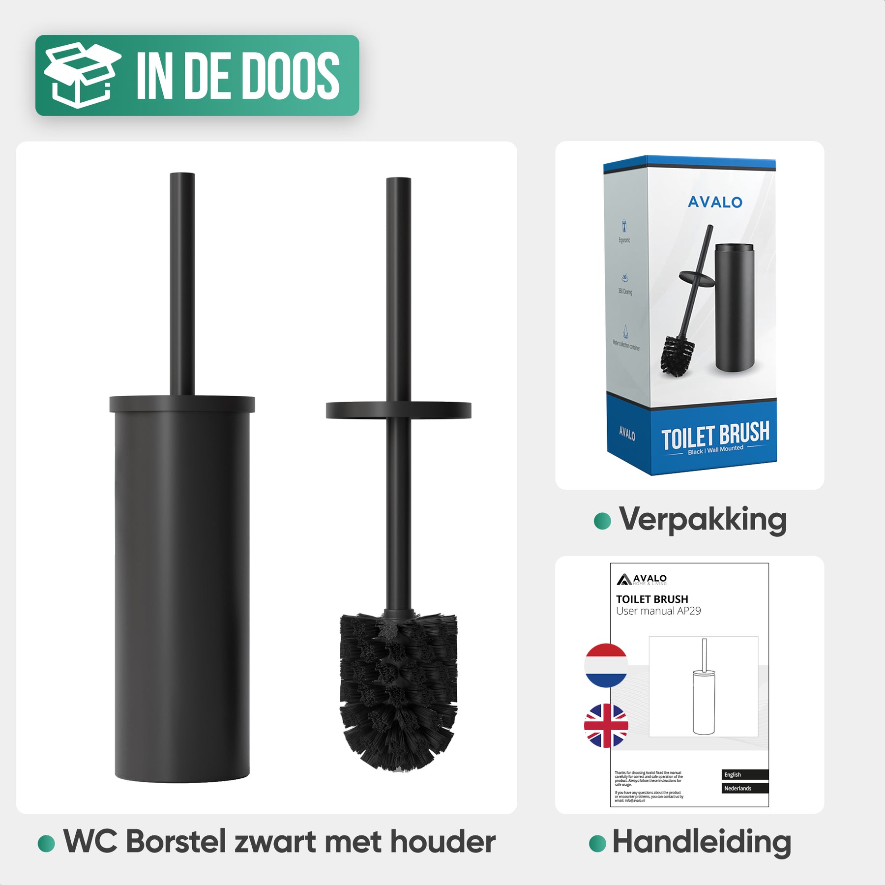 Avalo Toiletborstel Met Houder - Vrijstaand - RVS Zwart - WC Borstel Met Houder