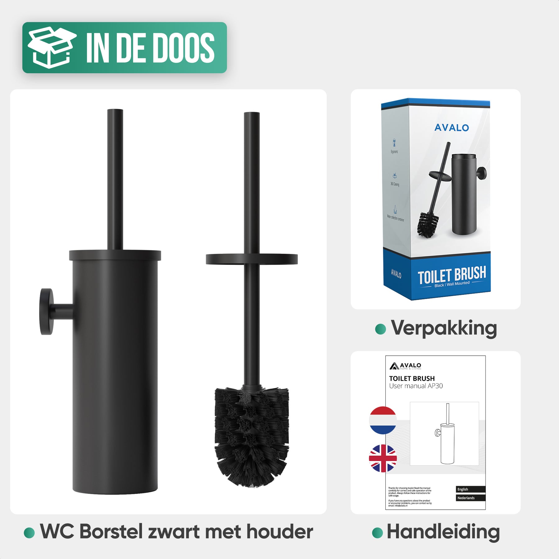 Avalo Toiletborstel Met Houder - Hangend - RVS Zwart - WC Borstel Met Houder