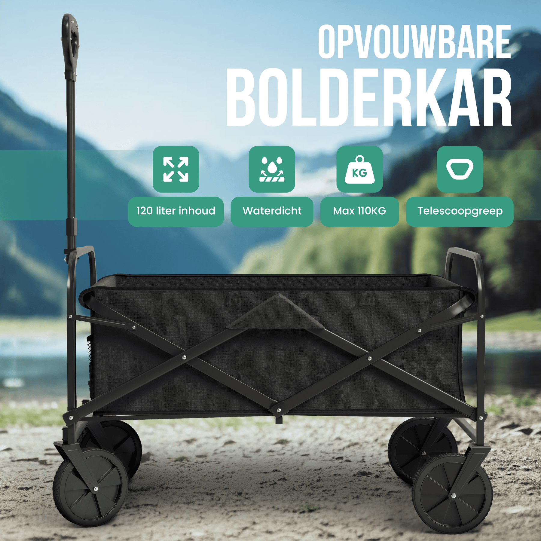 Avalo Bolderkar XL - Opvouwbaar - Tot 110KG - 91x51x103 CM - 120L - 360º Wielen - Zwart