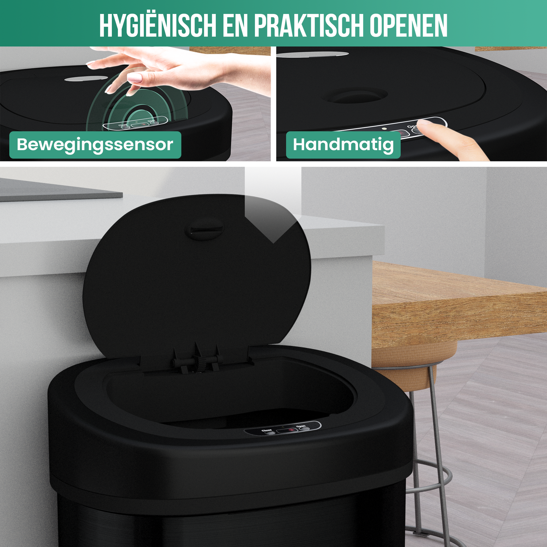 Avalo Prullenbak met Sensor 50L - RVS Zwart - Soft Close / Vingerafdrukvrij / Hygiënisch - Vuilnisbak