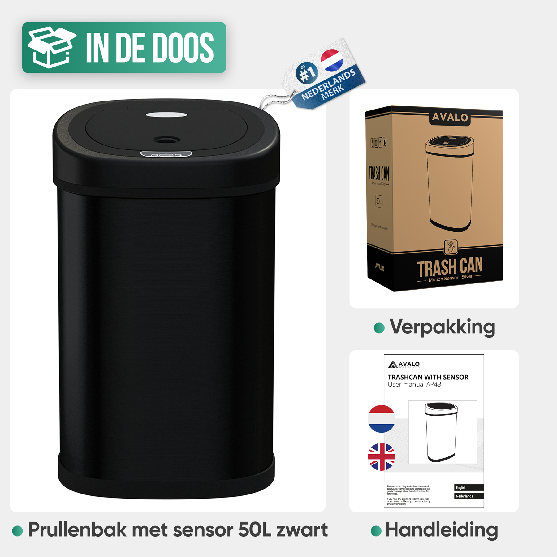 Avalo Prullenbak met Sensor 50L - RVS Zwart - Soft Close / Vingerafdrukvrij / Hygiënisch - Vuilnisbak
