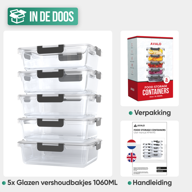 Avalo Vershoudbakjes Glas - Meal Prep Bakjes - Diepvriesbakjes - Met Deksel - 5 Delig 1060ml