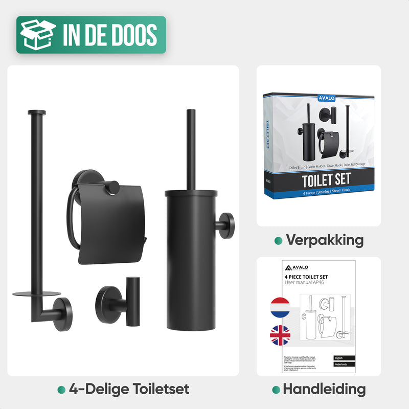 Avalo Toiletaccessoireset Zwart 4-delig - Luxe Toilet Set - Toiletborstel met Houder / Toiletrolhouder / Reserverolhouder / Handdoekhaak - Incl. Bevestigingsmateriaal