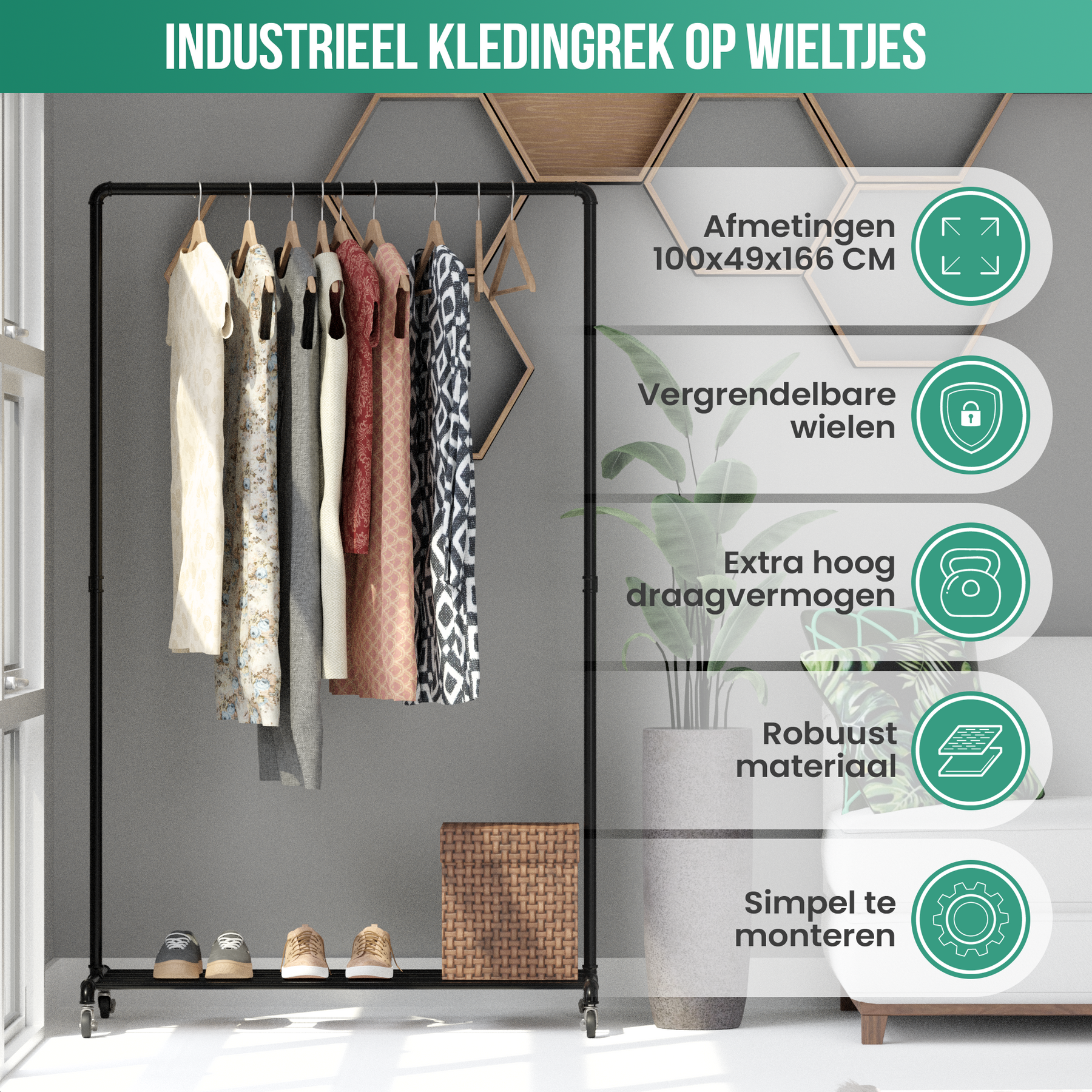 Avalo Industrieel Kledingrek op Wielen Zwart - Metaal - 100x49x166 CM - Opbergruimte Voor Schoenen