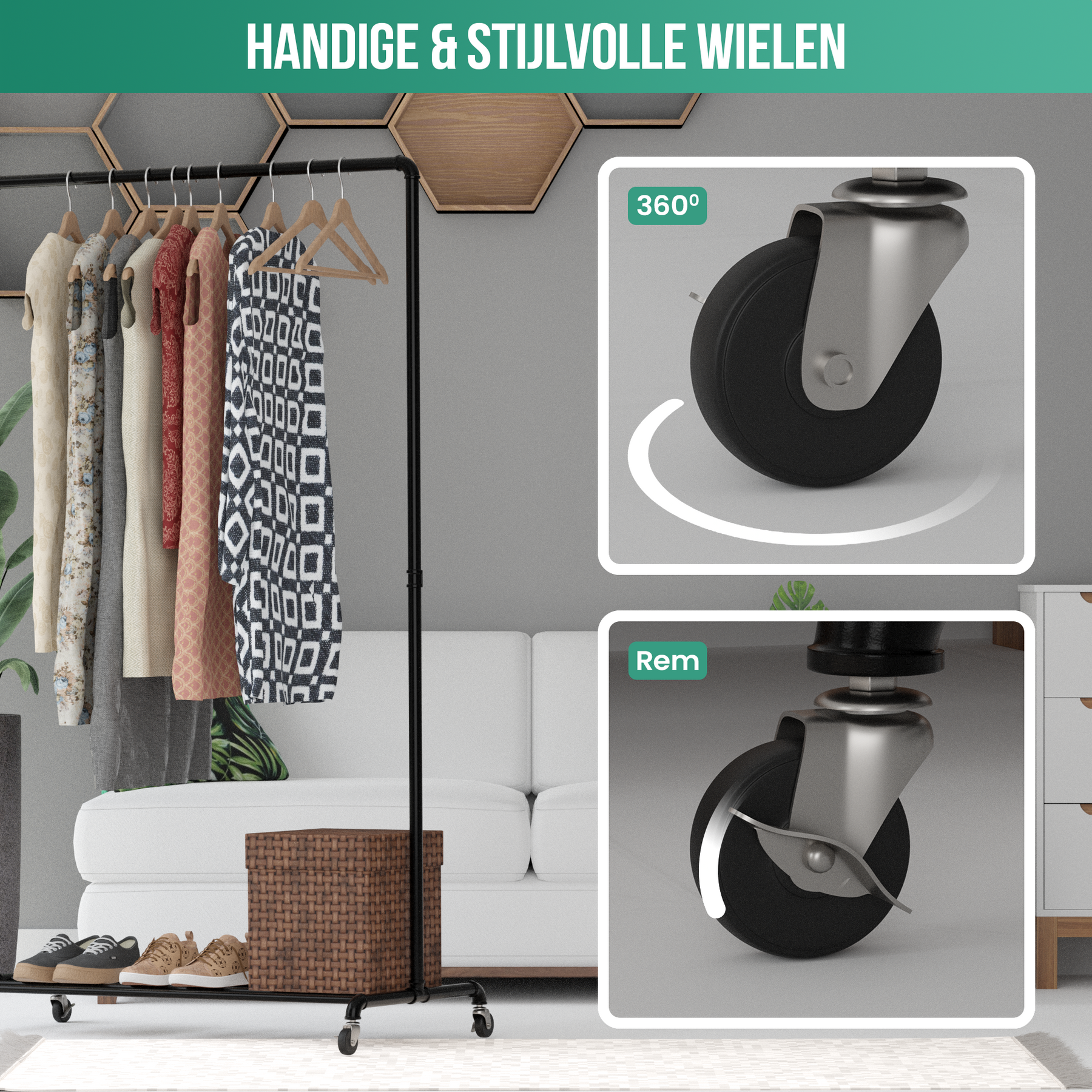 Avalo Industrieel Kledingrek op Wielen Zwart - Metaal - 100x49x166 CM - Opbergruimte Voor Schoenen