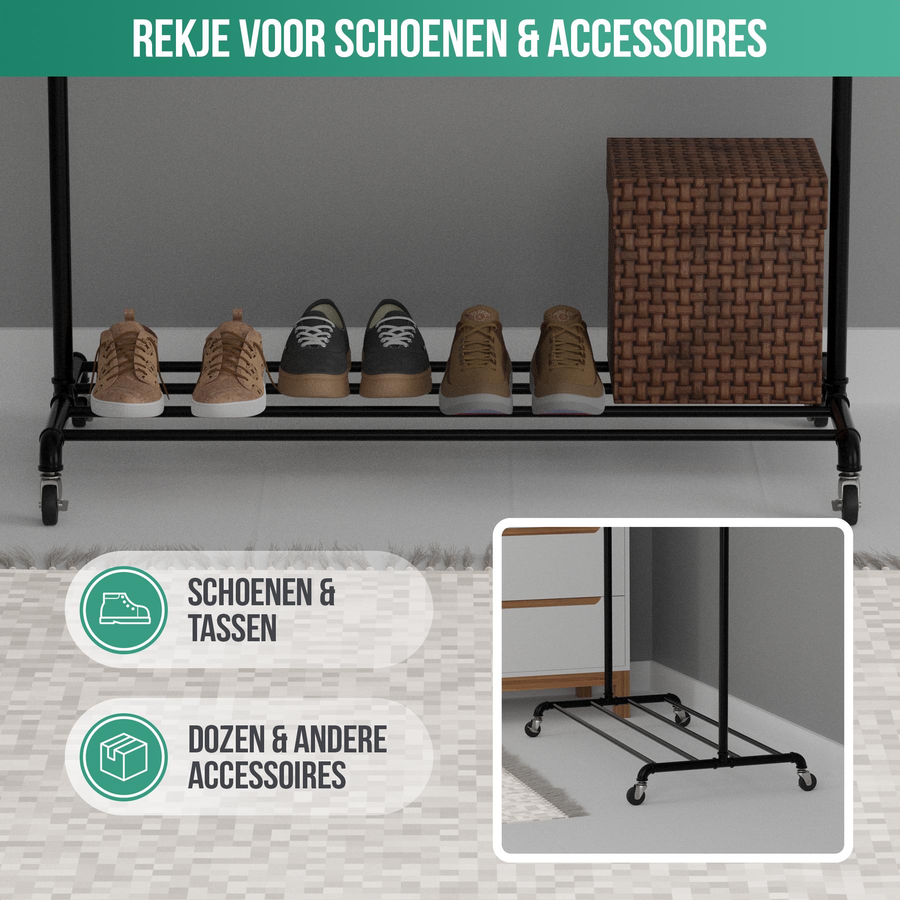 Avalo Industrieel Kledingrek op Wielen Zwart - Metaal - 100x49x166 CM - Opbergruimte Voor Schoenen