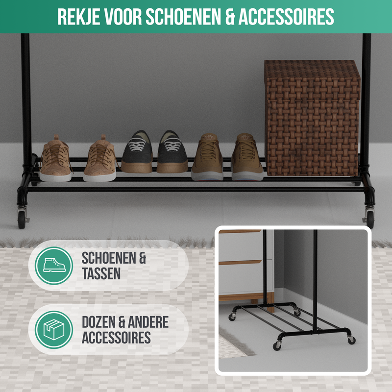 Avalo Industrieel Kledingrek op Wielen Zwart - Metaal - 100x49x166 CM - Opbergruimte Voor Schoenen