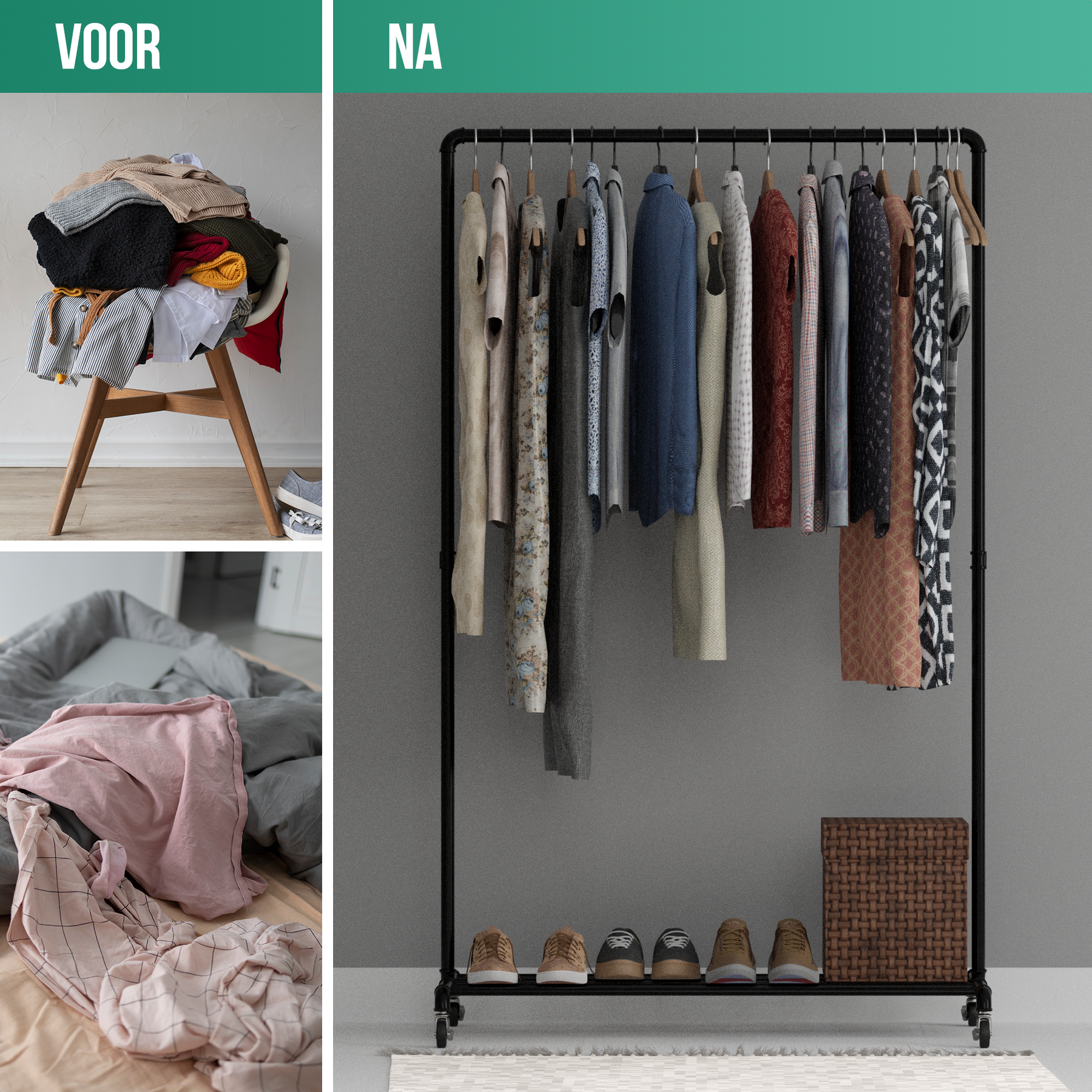 Avalo Industrieel Kledingrek op Wielen Zwart - Metaal - 100x49x166 CM - Opbergruimte Voor Schoenen