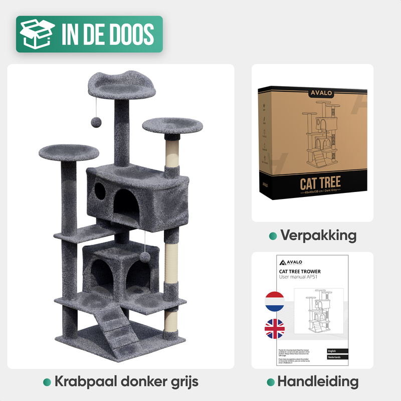 Avalo Krabpaal Voor Katten Met 7 Niveaus - 137x50x50 CM - Donkergrijs - Krabpaal Voor Grote Katten