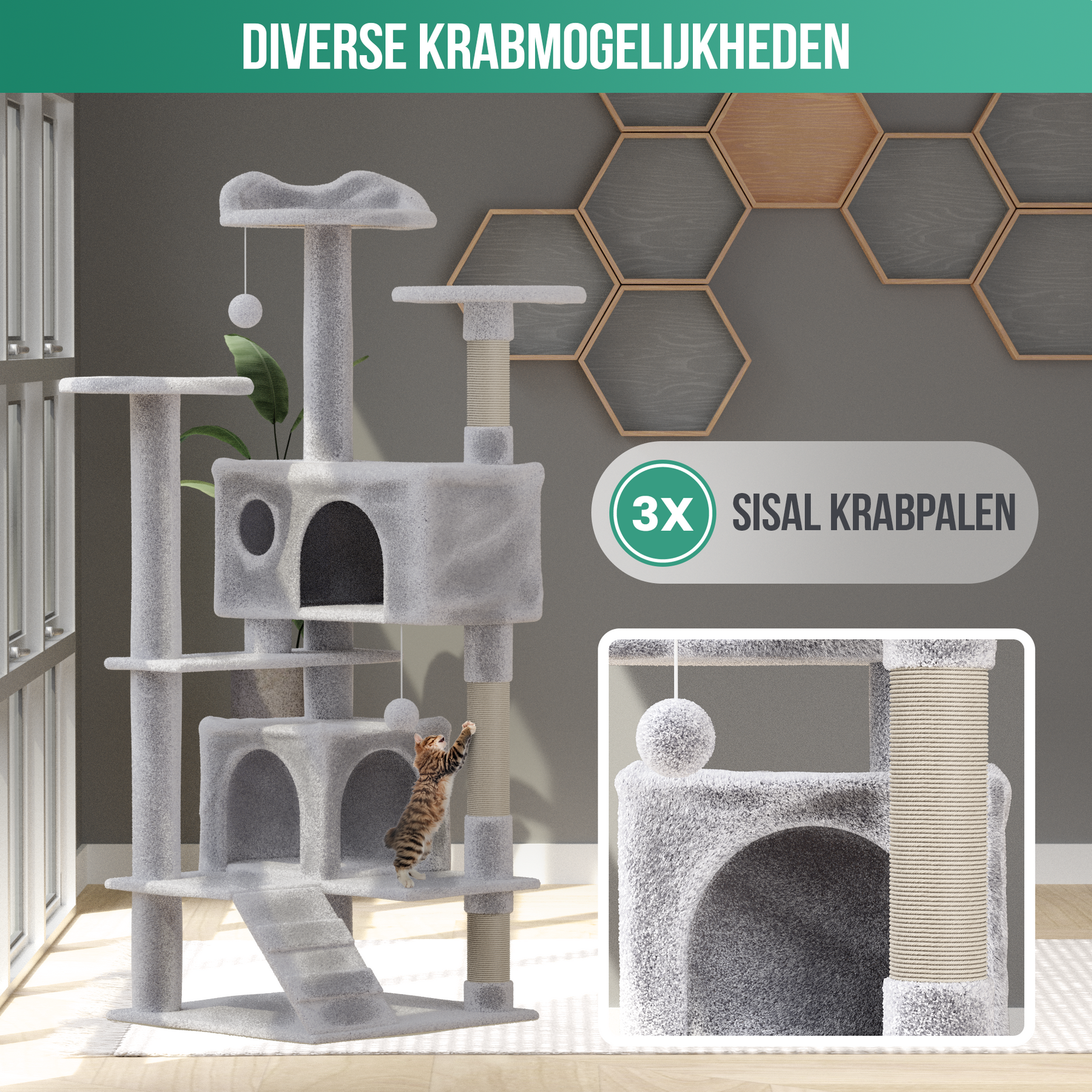 Avalo Krabpaal Voor Katten Met 7 Niveaus - 137x49x49 CM - Lichtgrijs - Krabpaal Voor Grote Katten