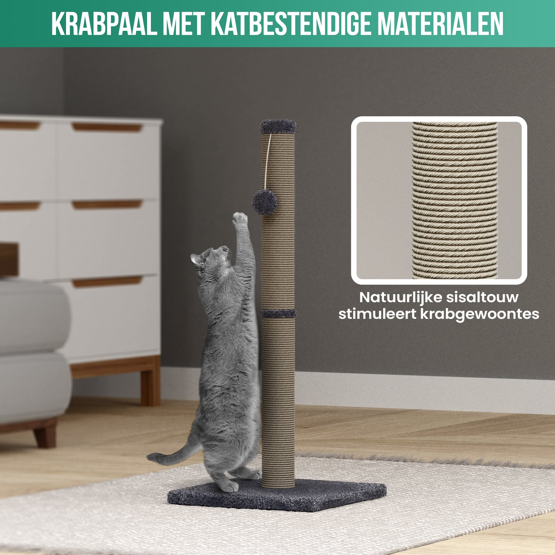Avalo Krabpaal met Speelballetje - 36x36x74 - Donkergrijs - Krabpaal voor Katten