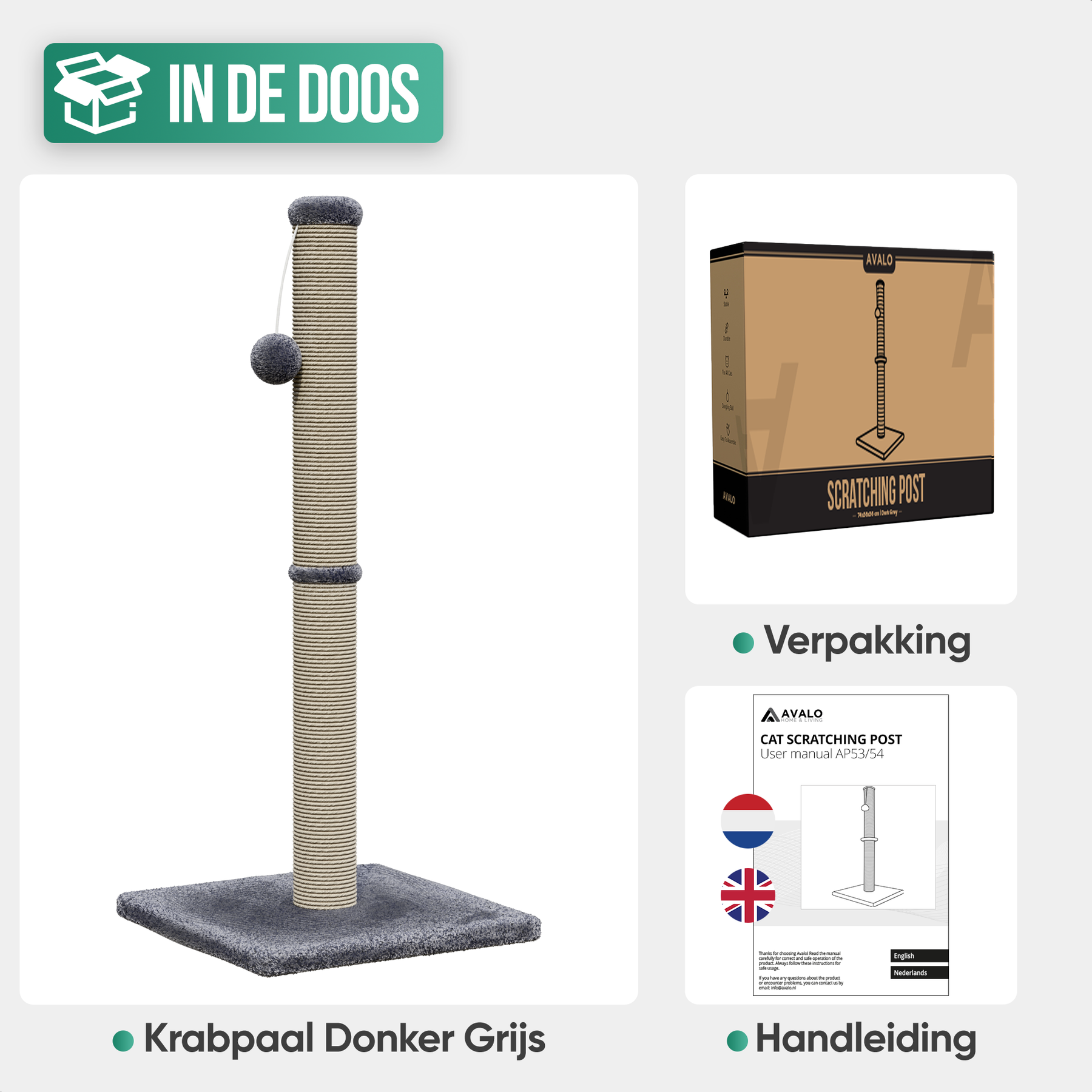 Avalo Krabpaal met Speelballetje - 36x36x74 - Donkergrijs - Krabpaal voor Katten