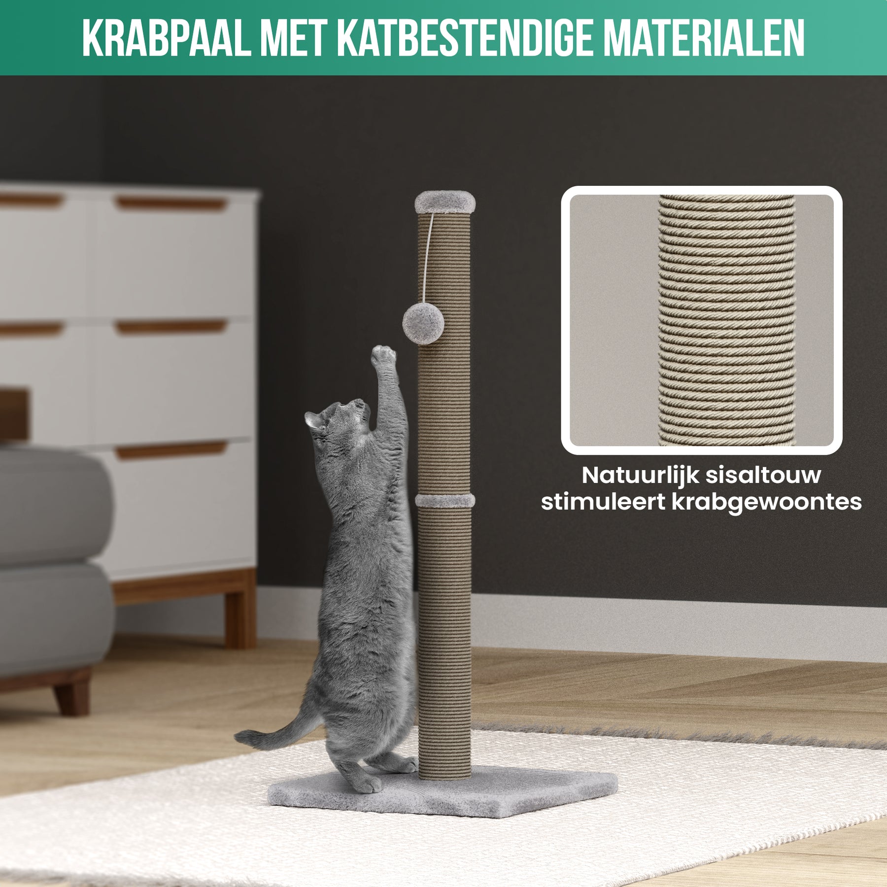 Avalo Krabpaal met Speelballetje - 36x36x74 - Lichtgrijs - Krabpaal voor Katten