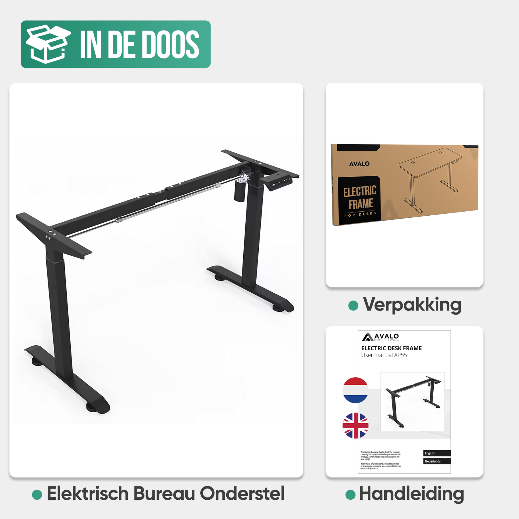 Avalo Bureauonderstel Elektrisch Verstelbaar - Zit Sta Bureau Elektrisch - Elektrisch Bureau Frame - Geschikt Voor Bureaublad 60-80 x 100-160cm