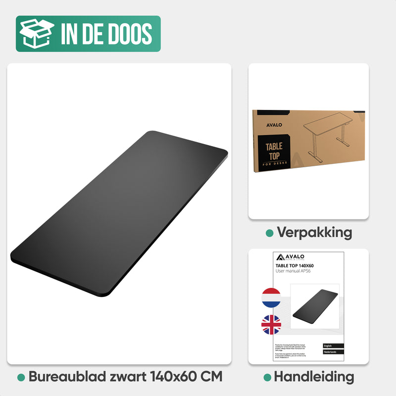 Avalo Bureaublad Los 140x60cm - Zwart - Tafelblad - Blad Elektrisch Bureau